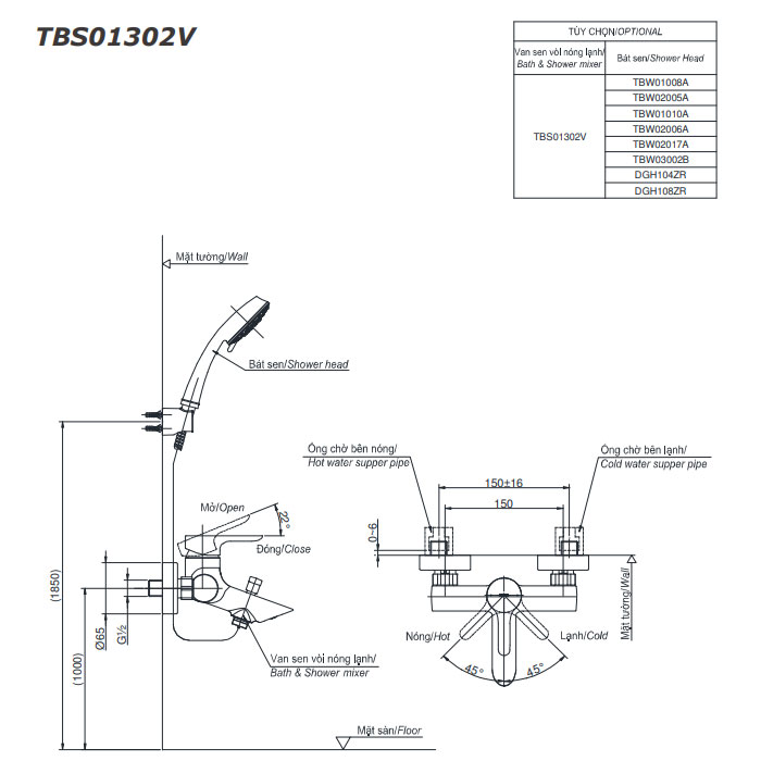 Bộ sen tắm nóng lạnh TOTO TBS01302V DGH108ZR (5 chế độ)