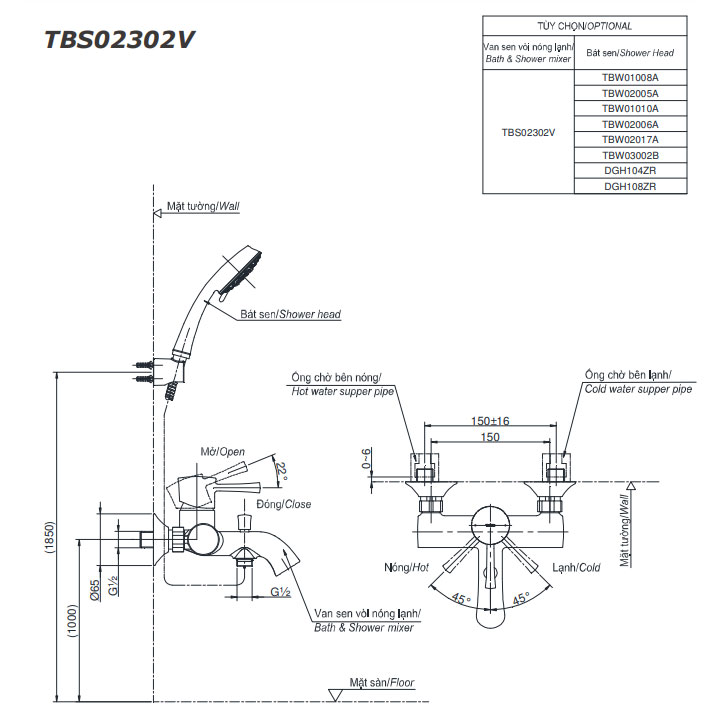 Bộ sen tắm nóng lạnh TOTO TBS02302V TBW02006A (3 chế độ)