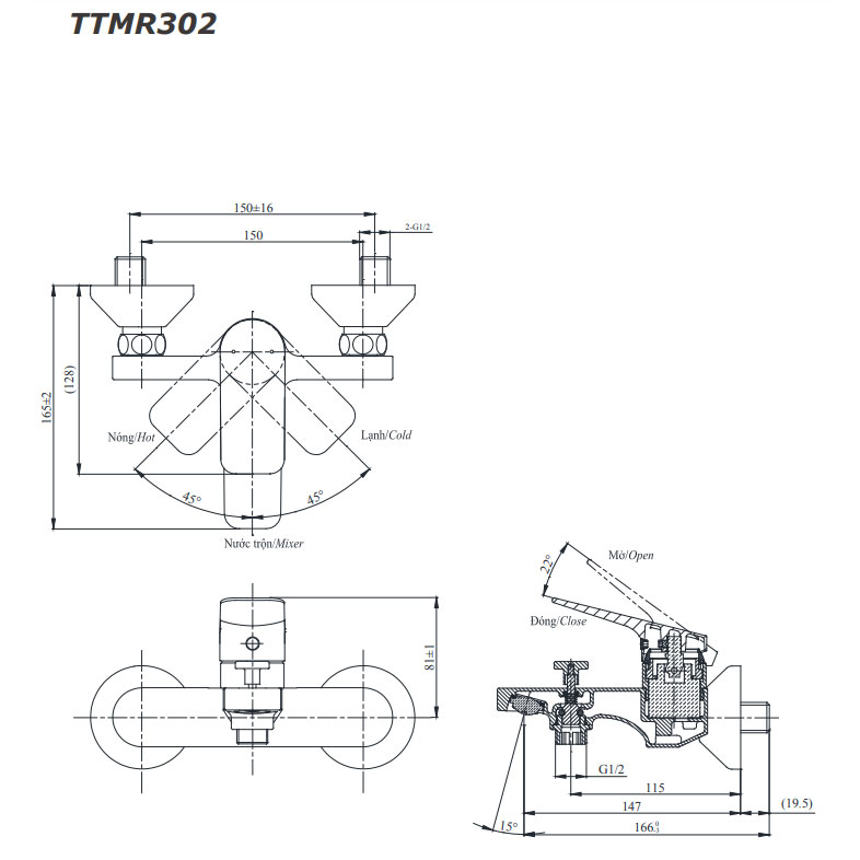 Bộ sen cây nóng lạnh TOTO DM907C1S TTMR302V TBW07012A