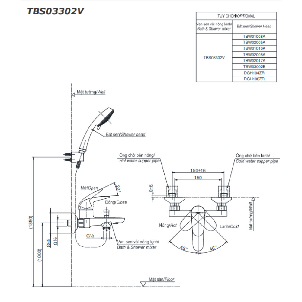 Bộ sen tắm nóng lạnh TOTO TBS03302V DGH108ZR (5 chế độ)