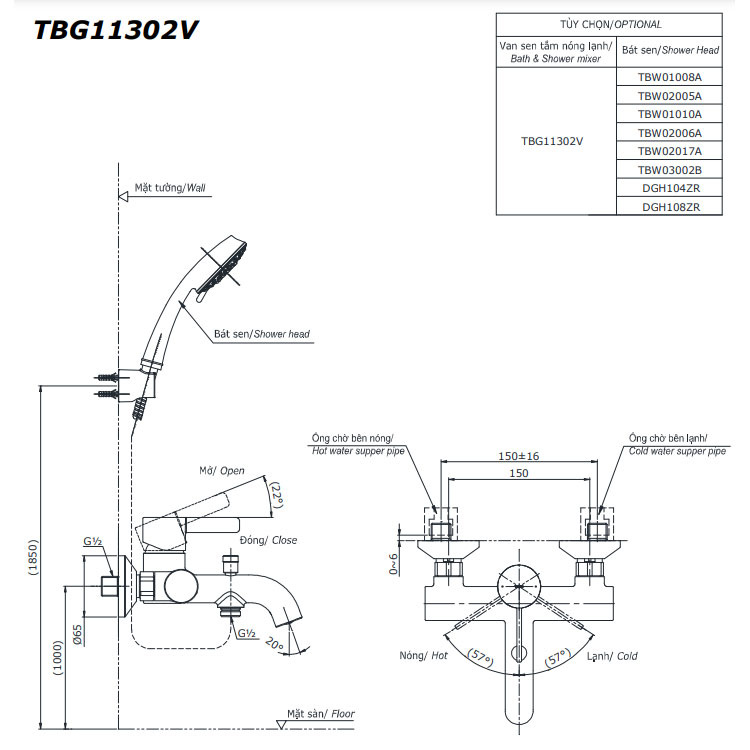 Bộ sen tắm nóng lạnh TOTO TBG11302VA TBW02006A (3 chế độ)