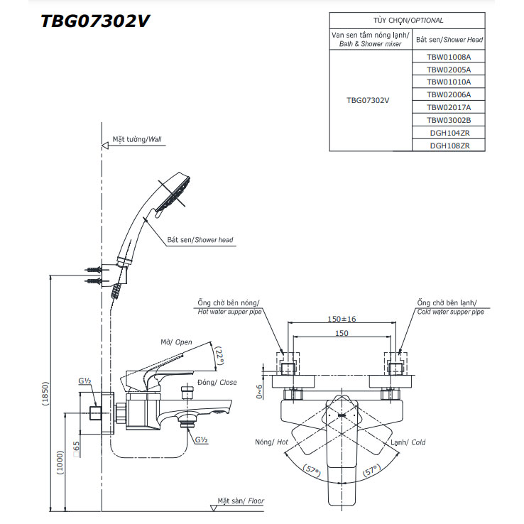 Bộ sen tắm nóng lạnh TOTO TBG07302VA TBW01035V