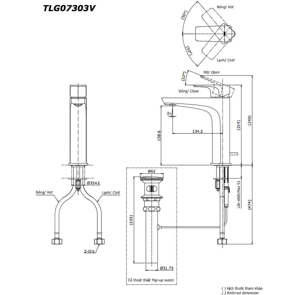 Vòi lavabo nóng lạnh GE TOTO TLG07303V