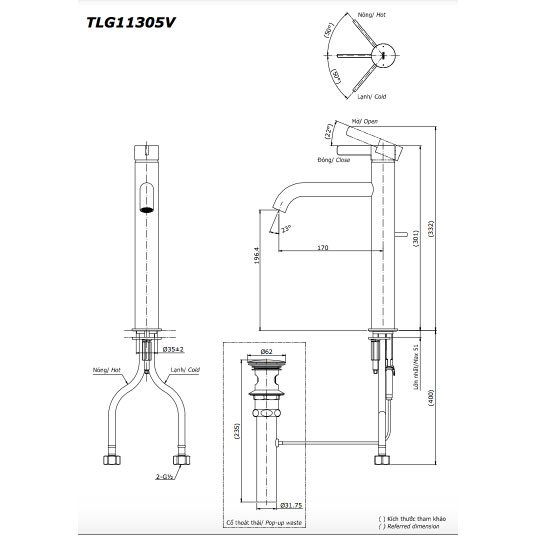 Vòi lavabo nóng lạnh GF TOTO TLG11305V