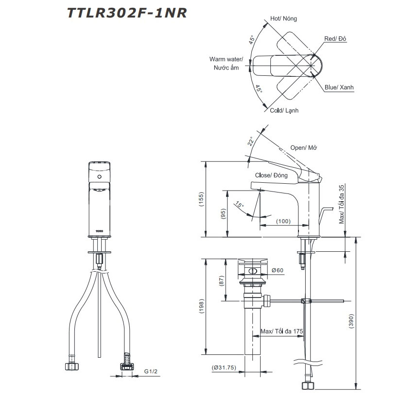 Vòi lavabo nóng lạnh Rei-S TOTO TTLR302F-1NR