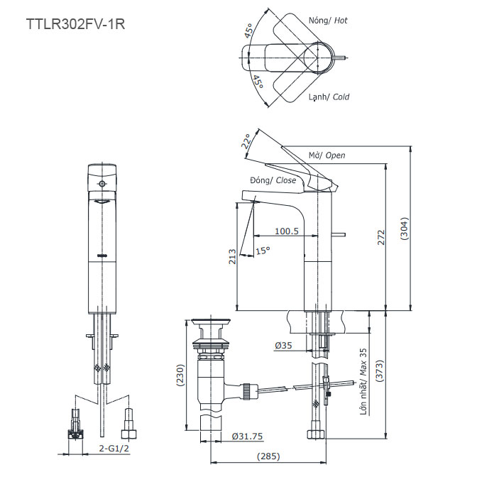Vòi lavabo nóng lạnh Rei-S TOTO TTLR302FV-1R
